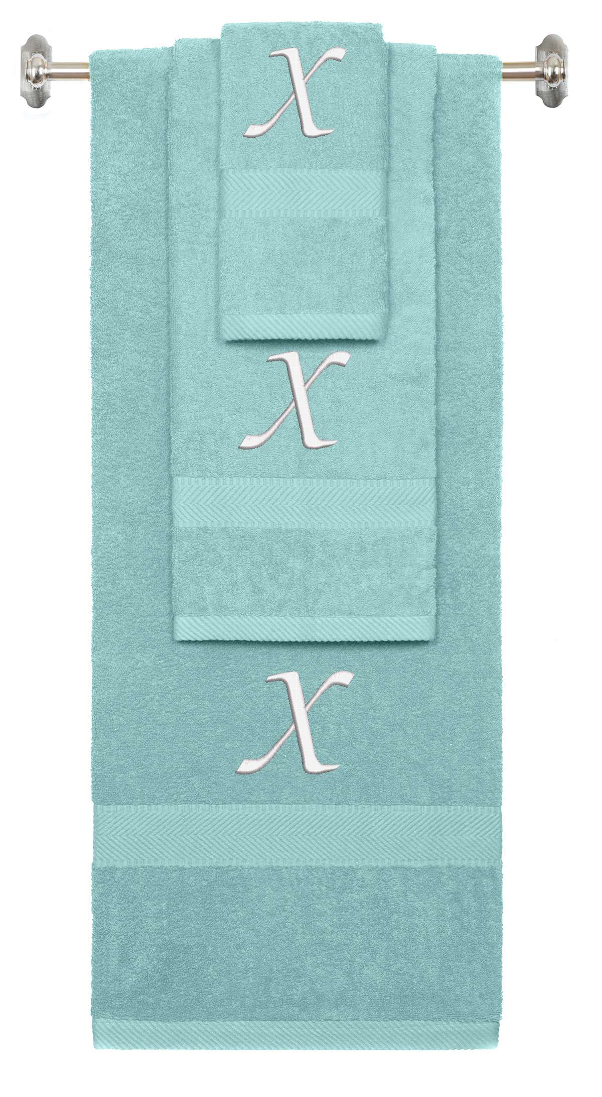 Nautical Teal monogrammed towel set with White thread, Chancery font, initial X - 540 GSM cotton 3-piece