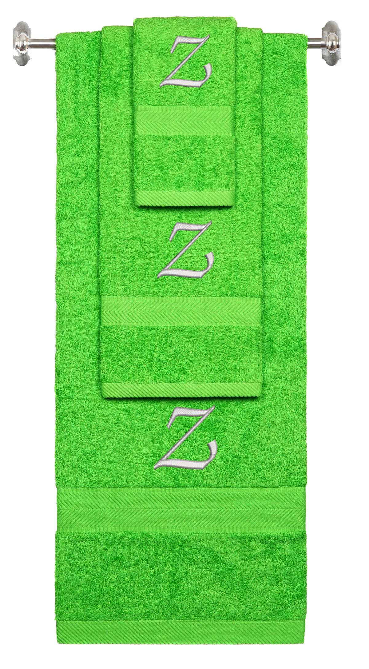 Lime monogrammed towel set with Silver thread, Chancery font, initial Z - 540 GSM cotton 3-piece