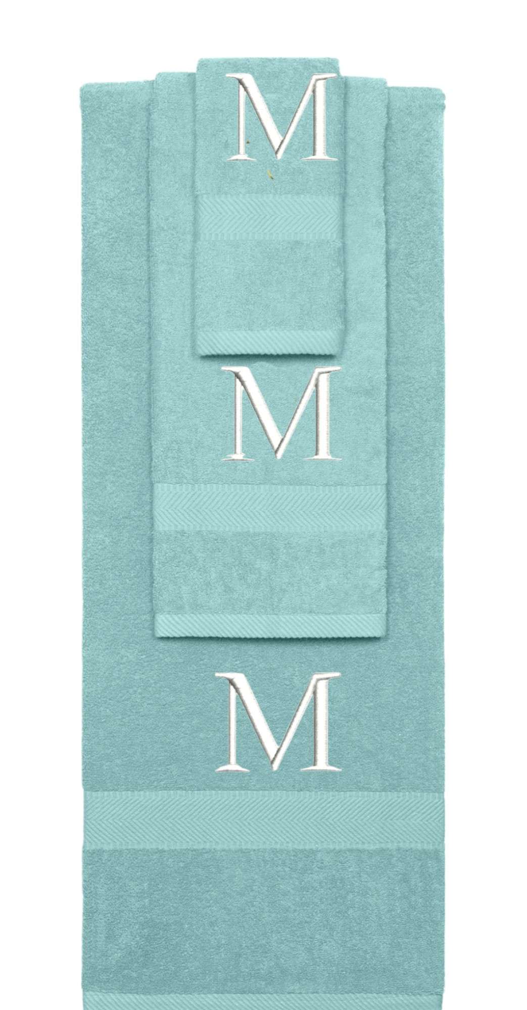 Nautical Teal monogrammed towel set with White thread, Times New Roman font, initial M - 540 GSM cotton 3-piece