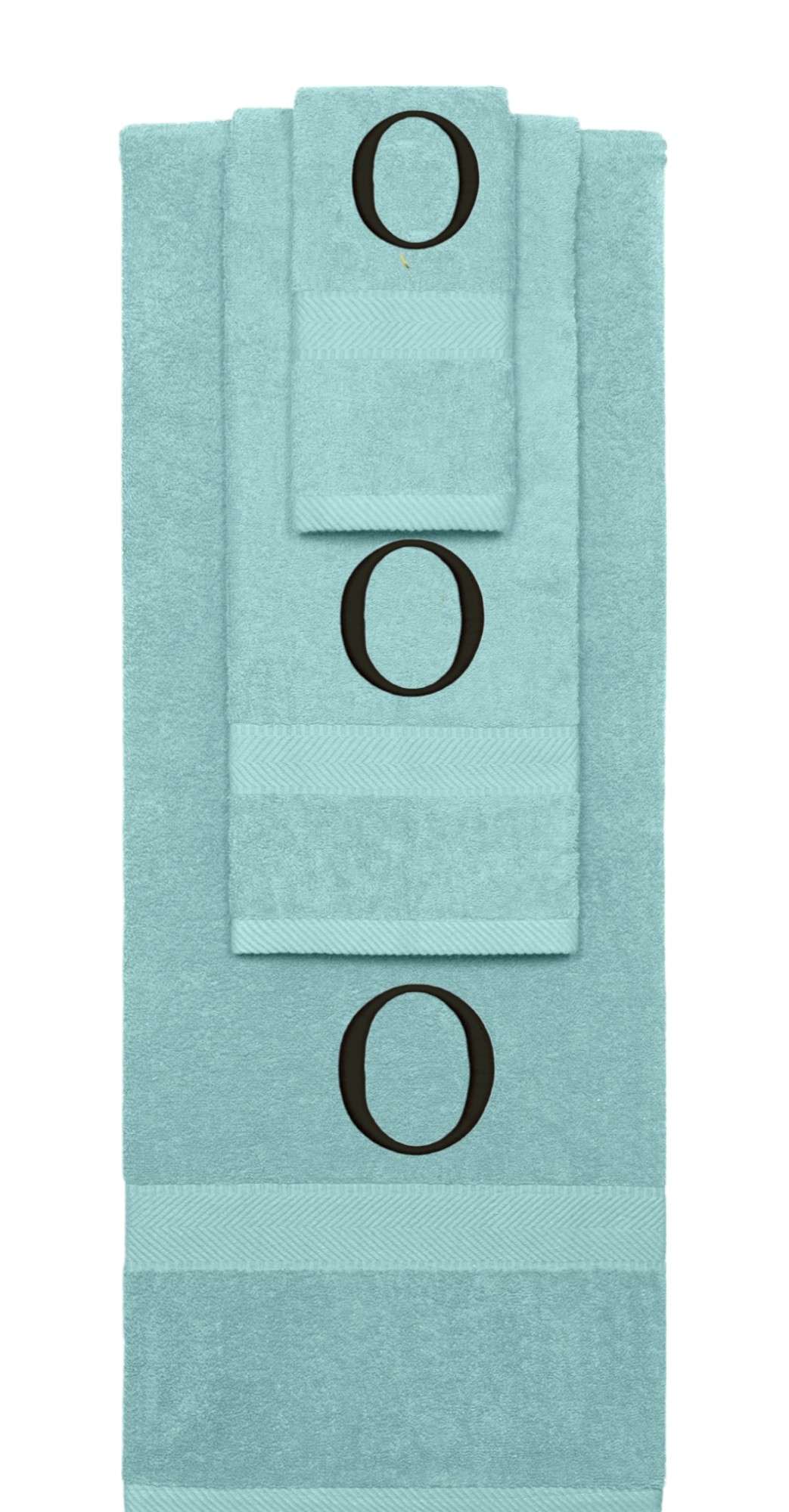 Nautical Teal monogrammed towel set with Black thread, Times New Roman font, initial O - 540 GSM cotton 3-piece