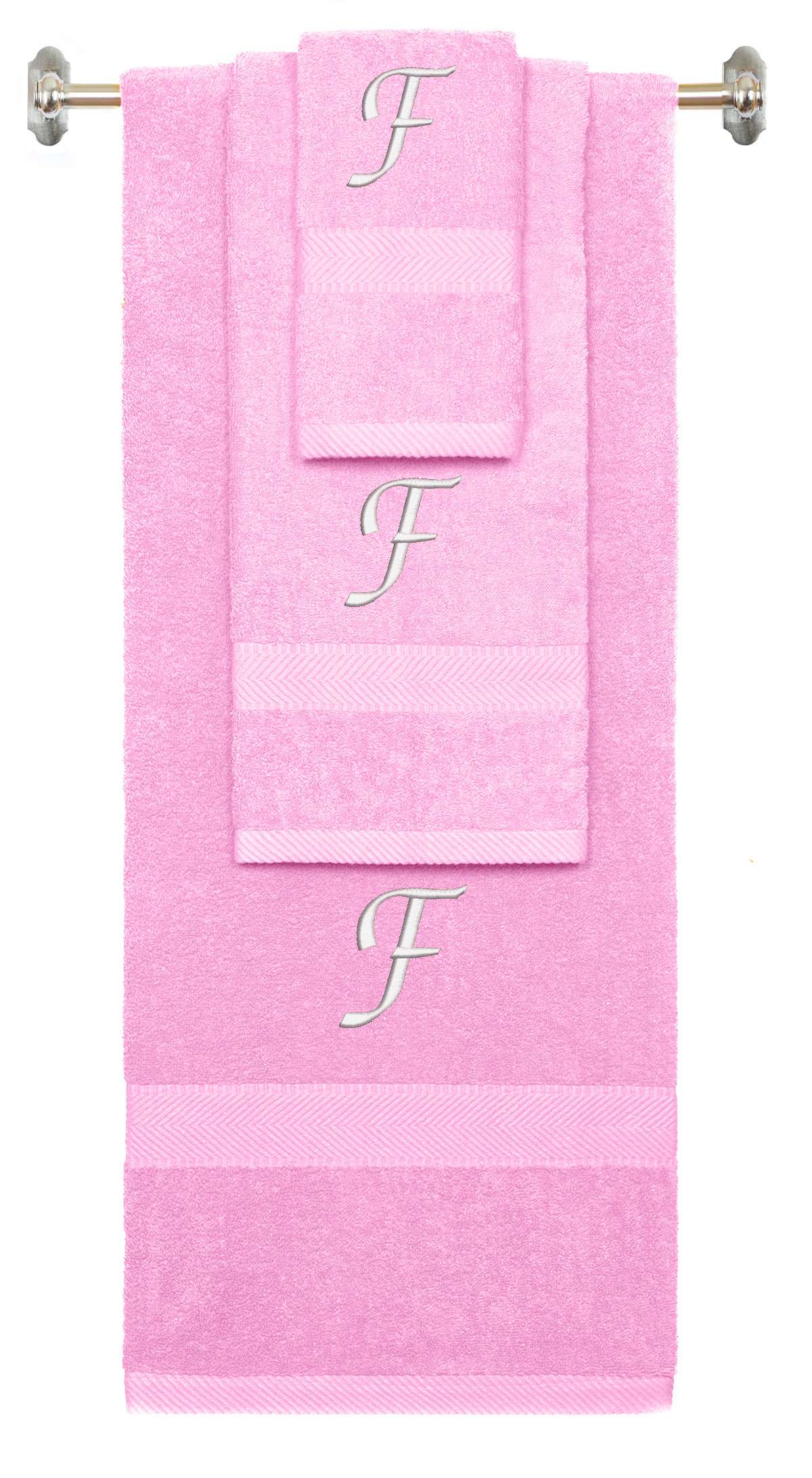 Pink monogrammed towel set with White thread, Chancery font, initial F - 540 GSM cotton 3-piece
