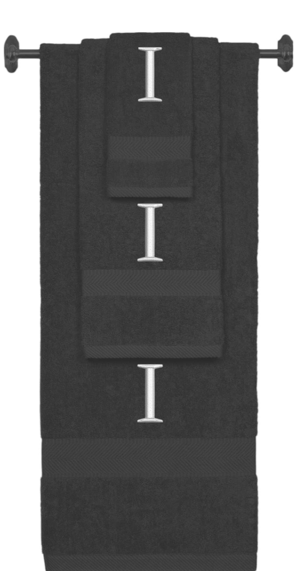 Charcoal monogrammed towel set with Silver thread, Times New Roman font, initial I - 540 GSM cotton 3-piece