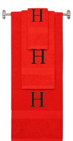 Red monogrammed towel set with Black thread, Times New Roman font, initial H - 540 GSM cotton 3-piece