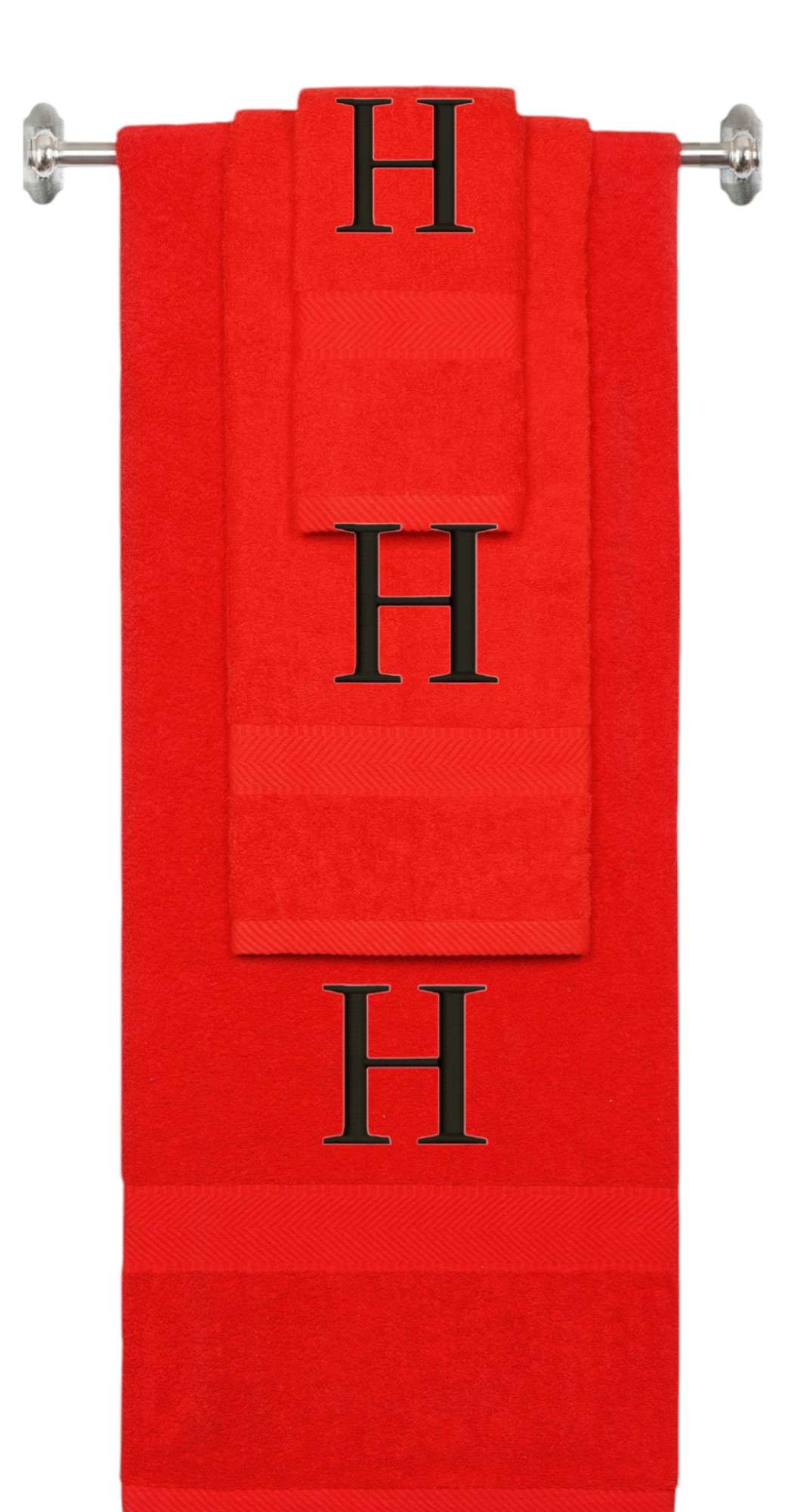 Red monogrammed towel set with Black thread, Times New Roman font, initial H - 540 GSM cotton 3-piece