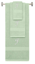 Mint Green monogrammed towel set with White thread, Chancery font, initial F - 540 GSM cotton 3-piece