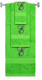 Lime monogrammed towel set with Black thread, Diana Script font, initial E - 540 GSM cotton 3-piece