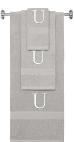 Silver monogrammed towel set with White thread, Times New Roman font, initial U - 540 GSM cotton 3-piece