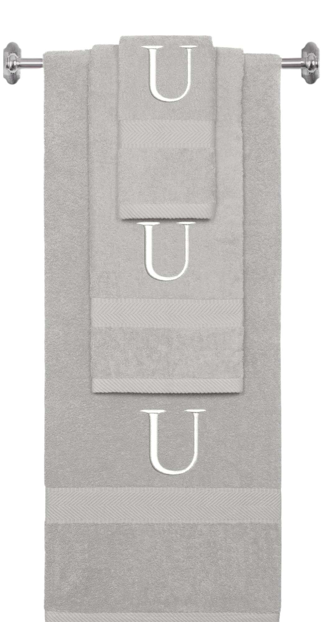 Silver monogrammed towel set with White thread, Times New Roman font, initial U - 540 GSM cotton 3-piece