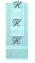 Nautical Teal monogrammed towel set with Black thread, Diana Script font, initial H - 540 GSM cotton 3-piece