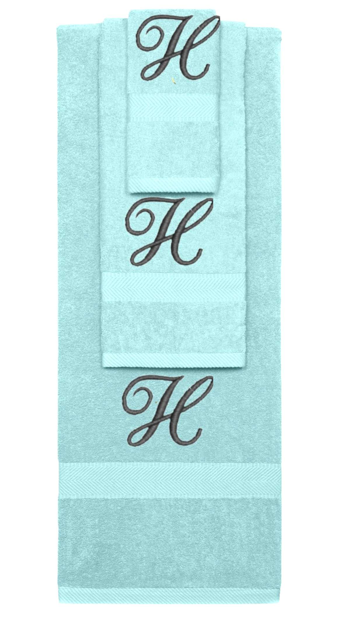 Nautical Teal monogrammed towel set with Black thread, Diana Script font, initial H - 540 GSM cotton 3-piece