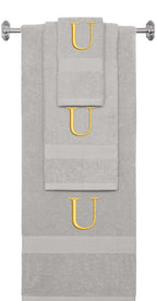 Silver monogrammed towel set with Gold thread, Times New Roman font, initial U - 540 GSM cotton 3-piece