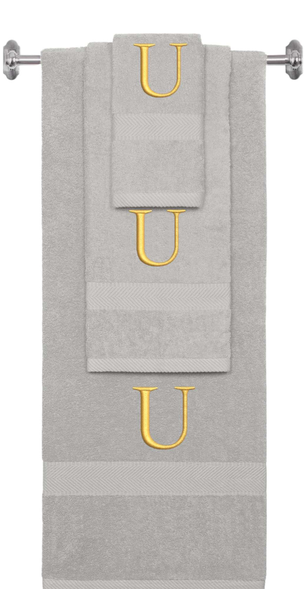 Silver monogrammed towel set with Gold thread, Times New Roman font, initial U - 540 GSM cotton 3-piece