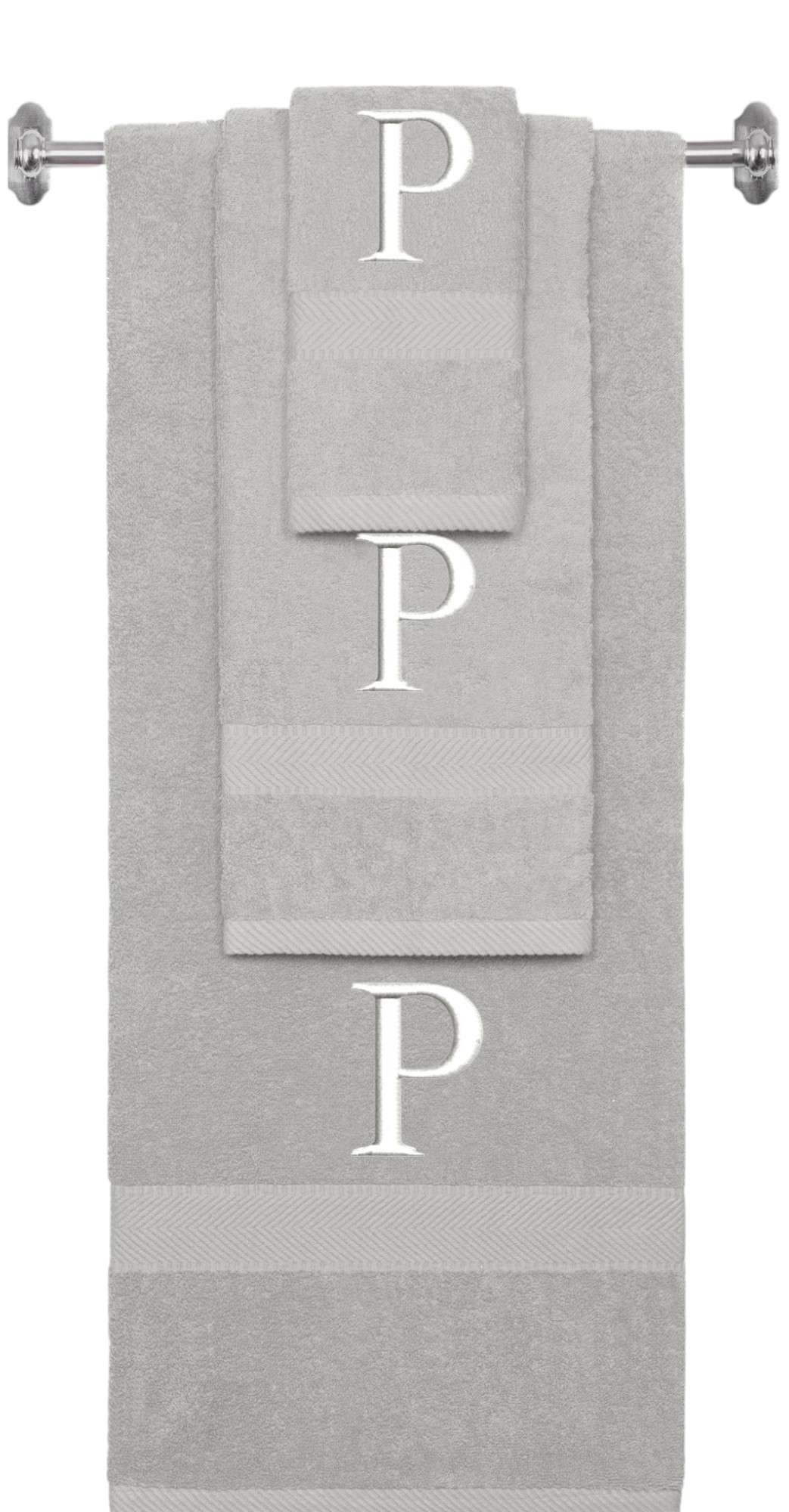 Silver monogrammed towel set with White thread, Times New Roman font, initial P - 540 GSM cotton 3-piece