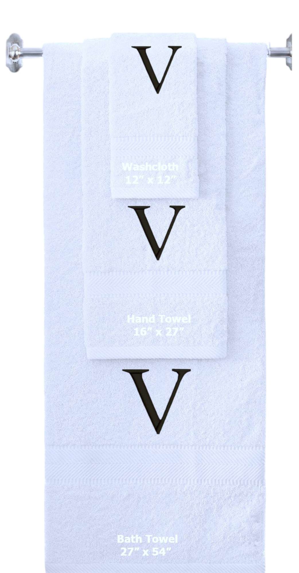 White monogrammed towel set with Black thread, Times New Roman font, initial V - 540 GSM cotton 3-piece