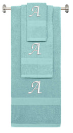 Nautical Teal monogrammed towel set with White thread, Chancery font, initial A - 540 GSM cotton 3-piece