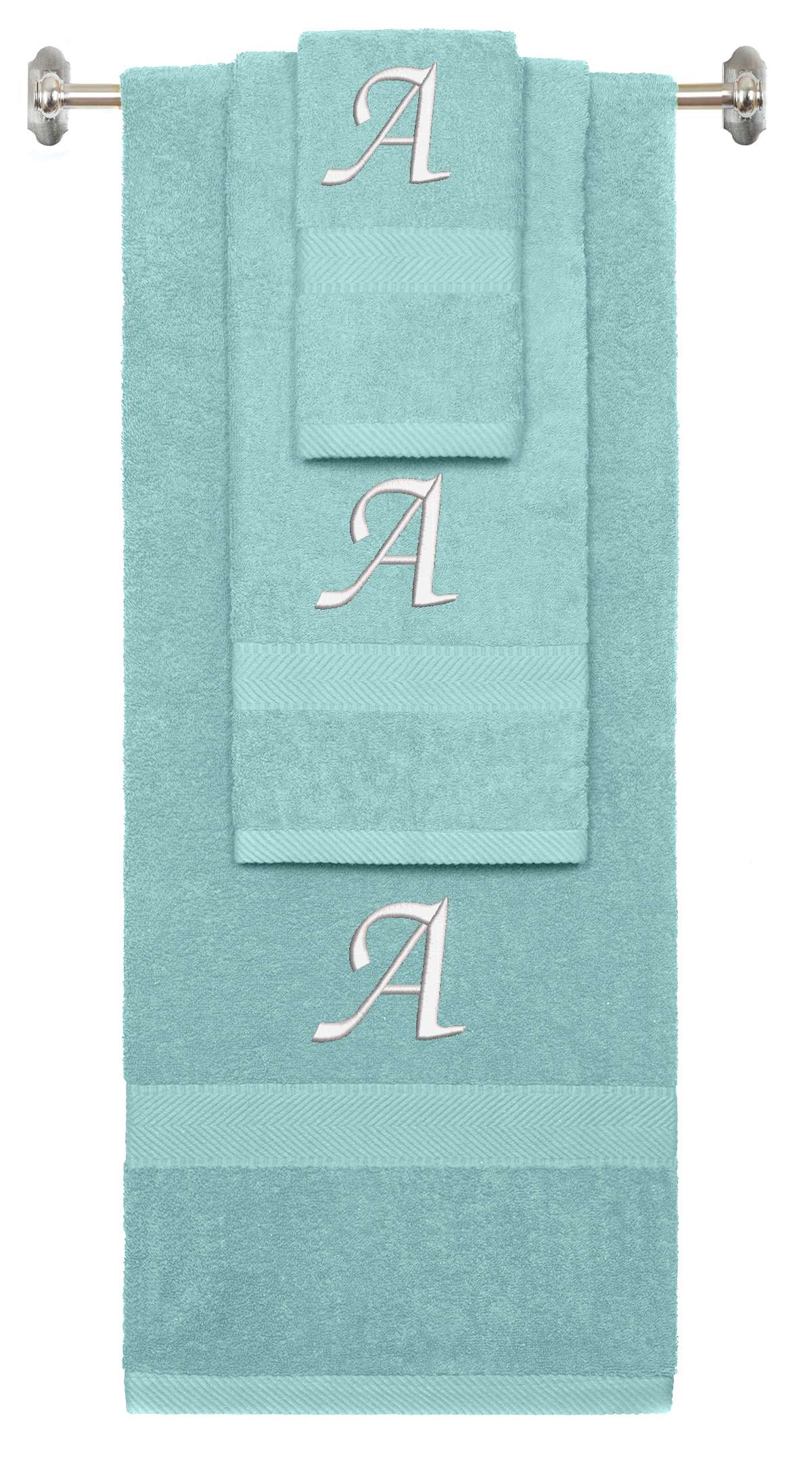 Nautical Teal monogrammed towel set with White thread, Chancery font, initial A - 540 GSM cotton 3-piece