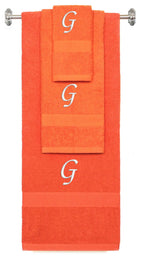 Orange monogrammed towel set with White thread, Chancery font, initial G - 540 GSM cotton 3-piece