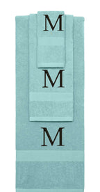 Nautical Teal monogrammed towel set with Black thread, Times New Roman font, initial M - 540 GSM cotton 3-piece