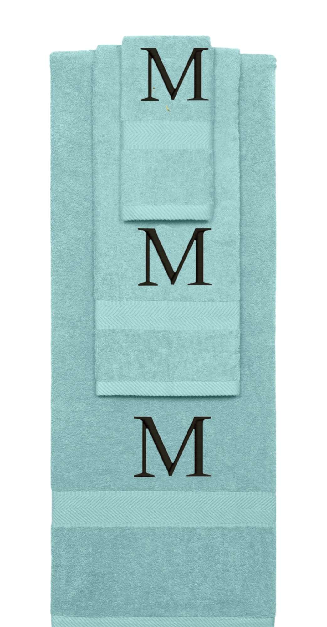 Nautical Teal monogrammed towel set with Black thread, Times New Roman font, initial M - 540 GSM cotton 3-piece