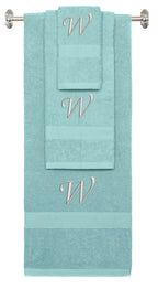 Nautical Teal monogrammed towel set with Silver thread, Chancery font, initial W - 540 GSM cotton 3-piece