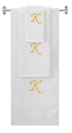 White monogrammed towel set with Gold thread, Chancery font, initial K - 540 GSM cotton 3-piece