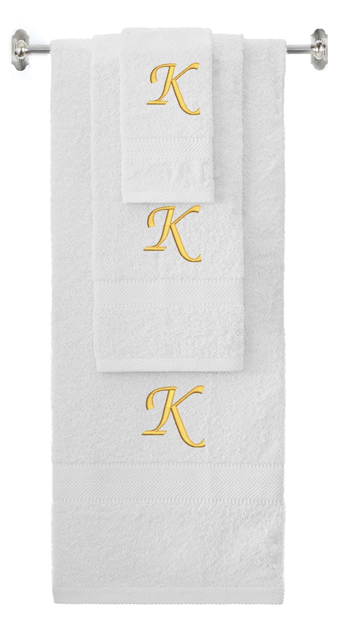 White monogrammed towel set with Gold thread, Chancery font, initial K - 540 GSM cotton 3-piece