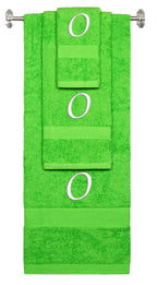 Lime monogrammed towel set with White thread, Chancery font, initial O - 540 GSM cotton 3-piece