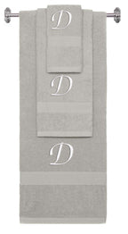 Silver monogrammed towel set with White thread, Chancery font, initial D - 540 GSM cotton 3-piece