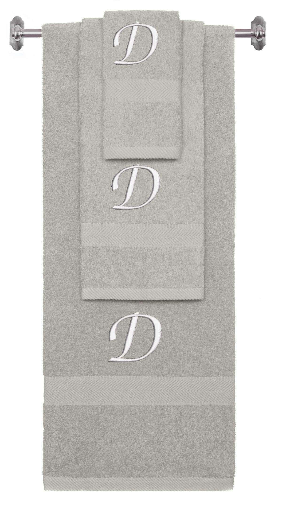 Silver monogrammed towel set with White thread, Chancery font, initial D - 540 GSM cotton 3-piece