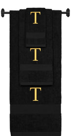 Black monogrammed towel set with Gold thread, Times New Roman font, initial T - 540 GSM cotton 3-piece