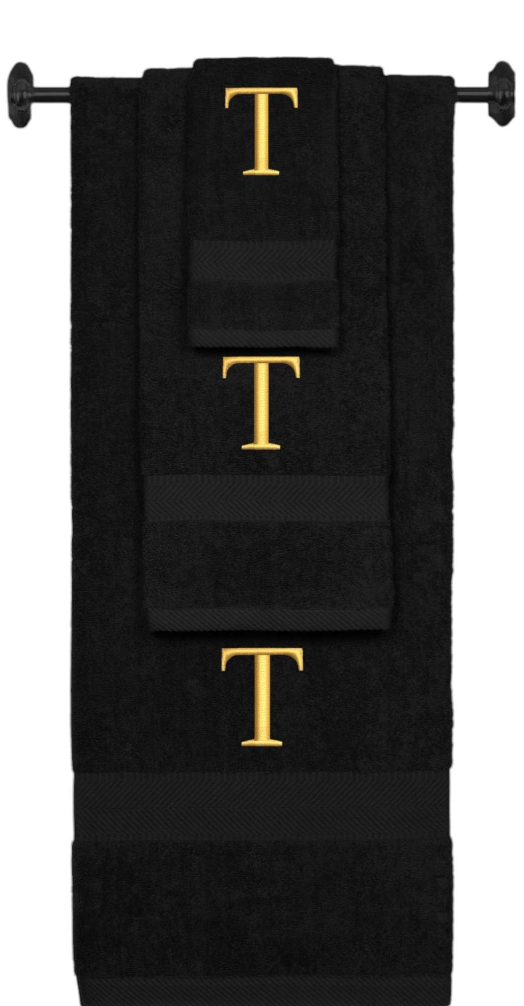 Black monogrammed towel set with Gold thread, Times New Roman font, initial T - 540 GSM cotton 3-piece