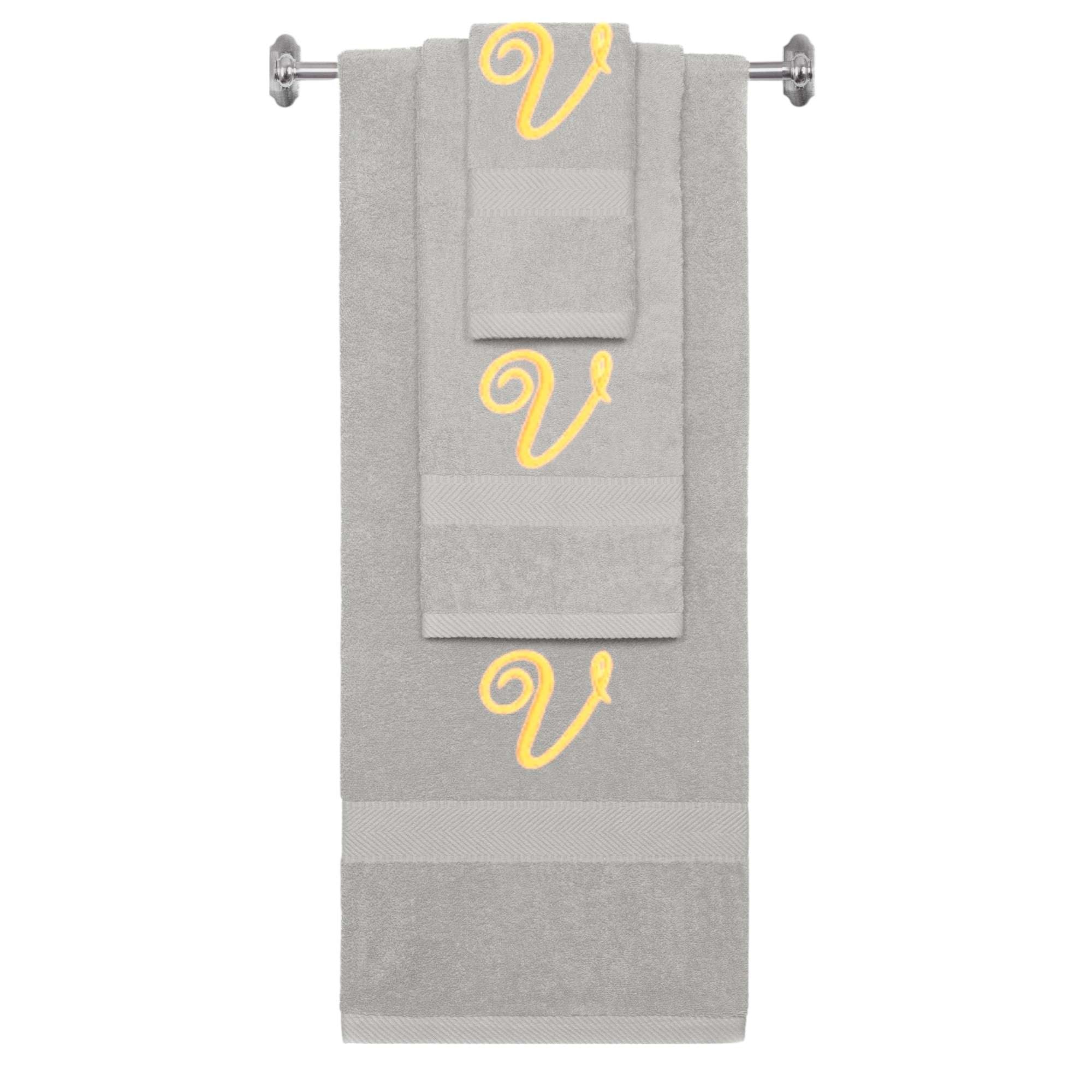 Silver monogrammed towel set with Gold thread, Diana Script font, initial V - 540 GSM cotton 3-piece