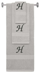 Silver monogrammed towel set with Black thread, Chancery font, initial H - 540 GSM cotton 3-piece