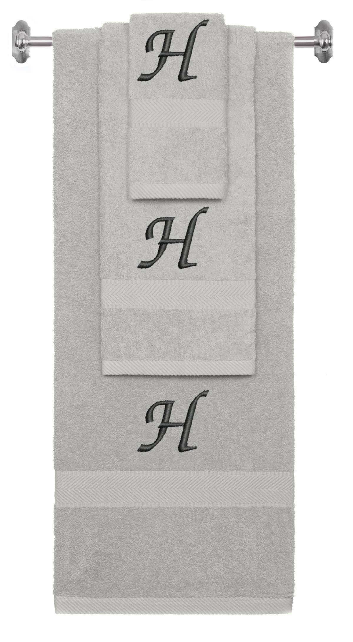 Silver monogrammed towel set with Black thread, Chancery font, initial H - 540 GSM cotton 3-piece