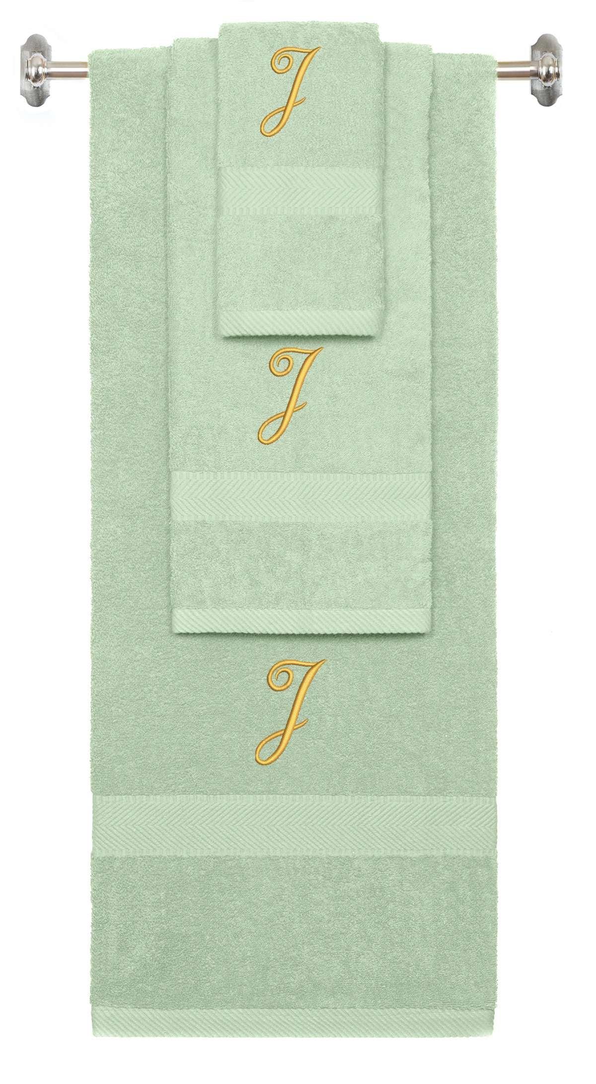 Mint Green monogrammed towel set with Gold thread, Diana Script font, initial J - 540 GSM cotton 3-piece