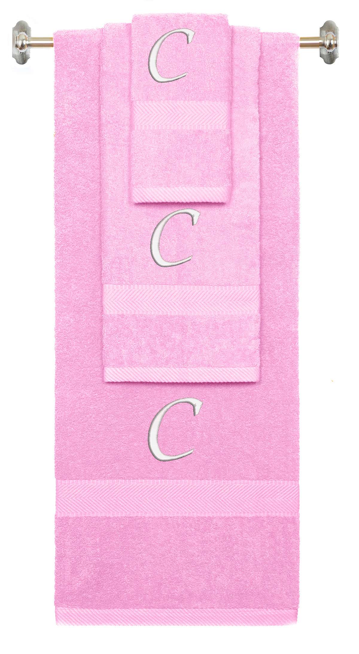 Pink monogrammed towel set with White thread, Chancery font, initial C - 540 GSM cotton 3-piece
