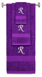 Purple monogrammed towel set with White thread, Chancery font, initial R - 540 GSM cotton 3-piece