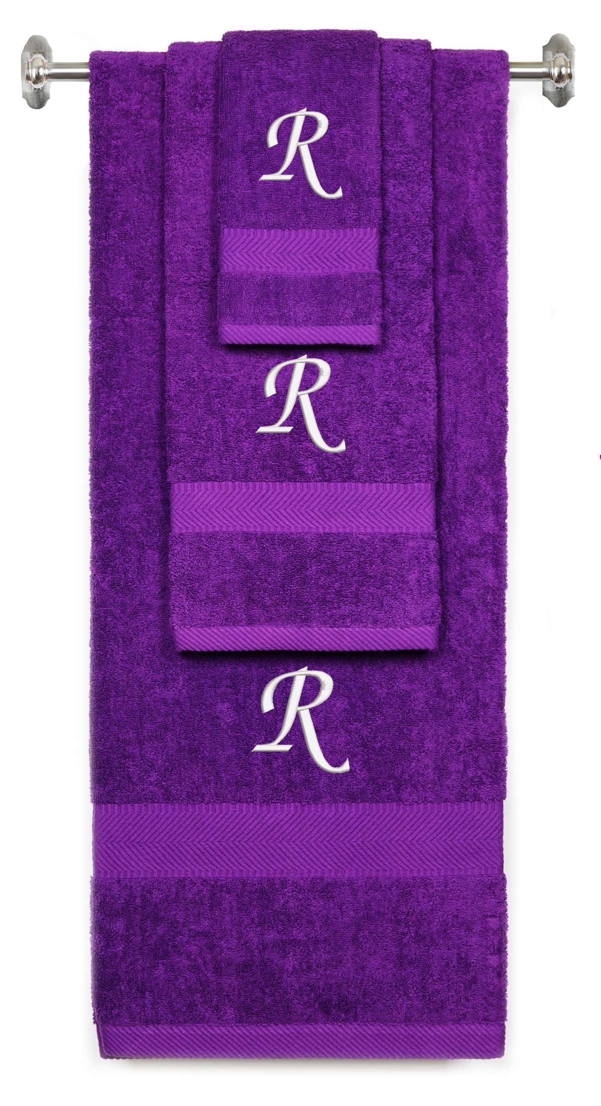 Purple monogrammed towel set with White thread, Chancery font, initial R - 540 GSM cotton 3-piece