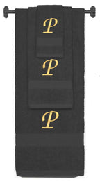 Charcoal monogrammed towel set with Gold thread, Chancery font, initial P - 540 GSM cotton 3-piece