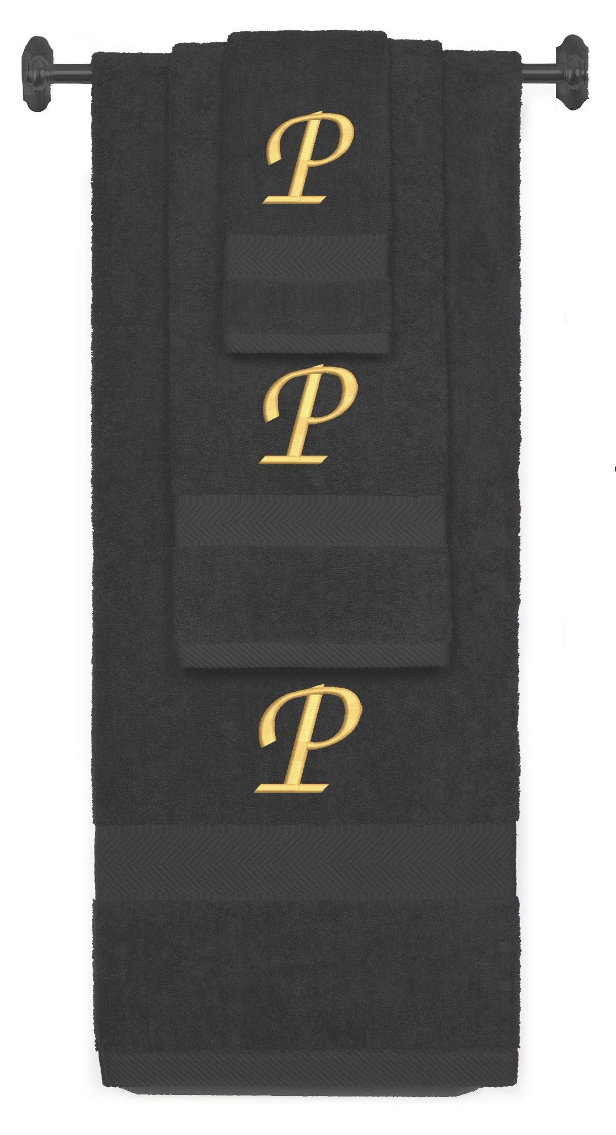 Charcoal monogrammed towel set with Gold thread, Chancery font, initial P - 540 GSM cotton 3-piece