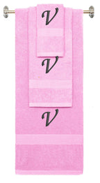 Pink monogrammed towel set with Black thread, Chancery font, initial V - 540 GSM cotton 3-piece