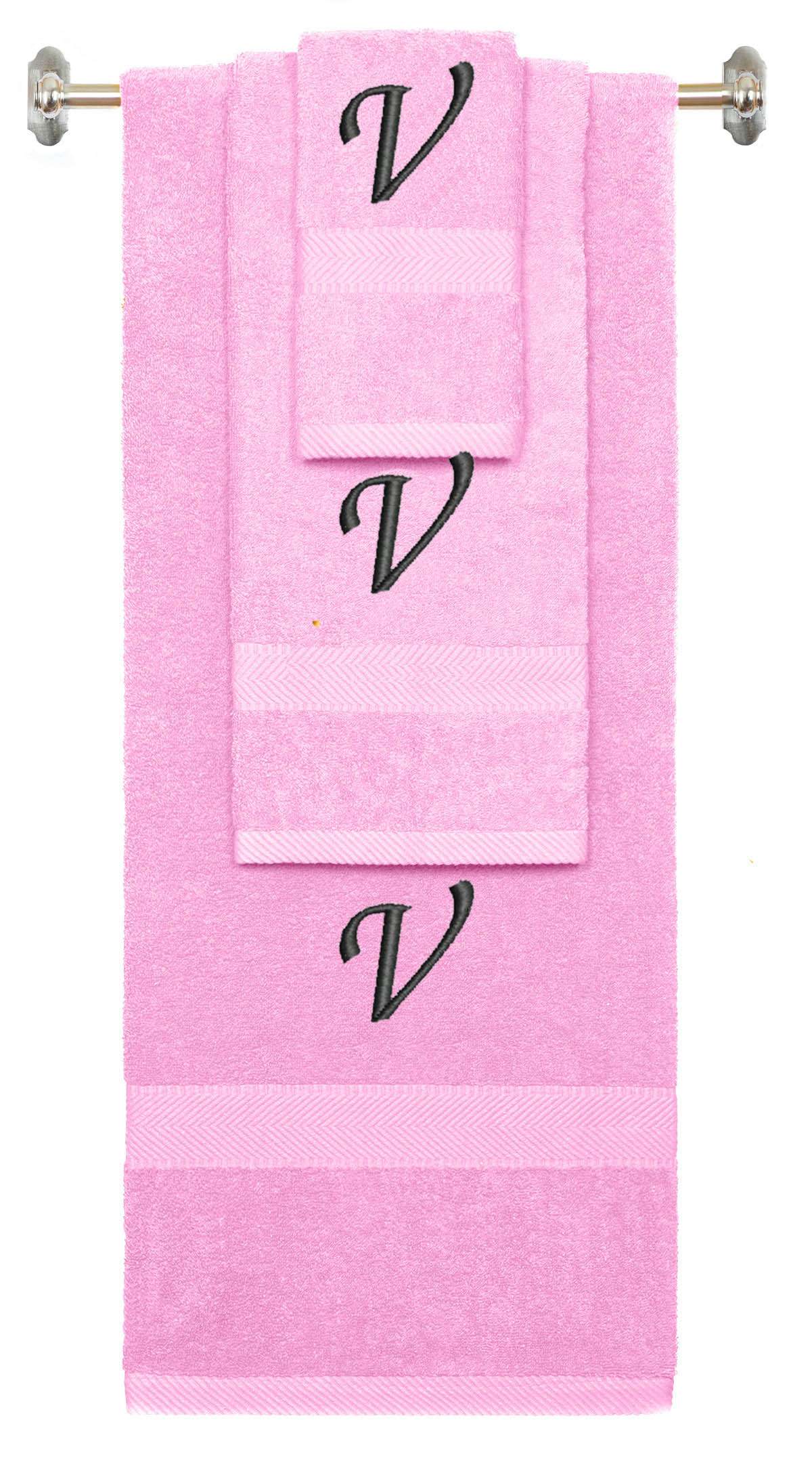 Pink monogrammed towel set with Black thread, Chancery font, initial V - 540 GSM cotton 3-piece