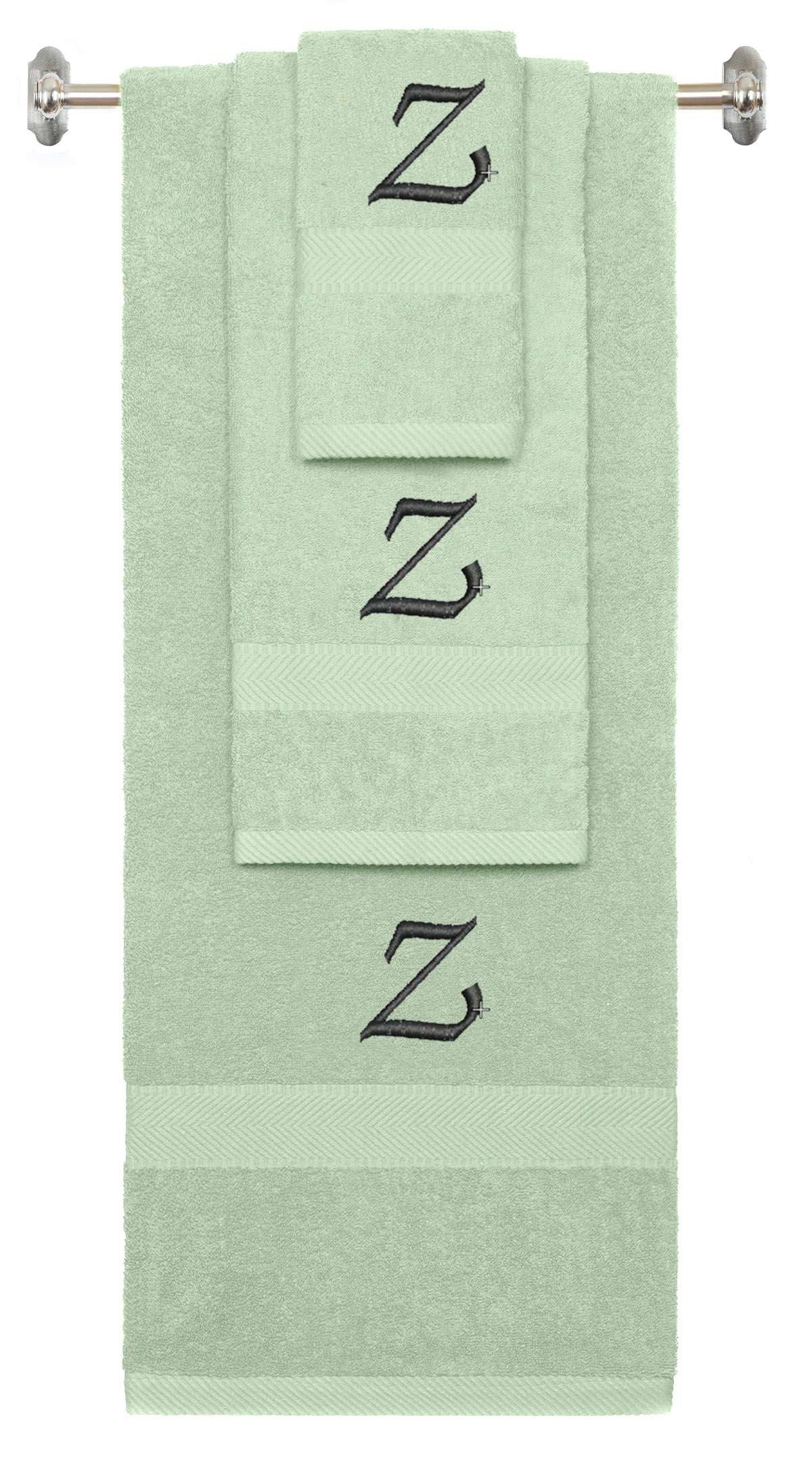 Mint Green monogrammed towel set with Black thread, Chancery font, initial Z - 540 GSM cotton 3-piece