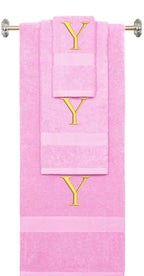 Pink monogrammed towel set with Silver thread, Times New Roman font, initial Y - 540 GSM cotton 3-piece
