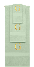 Mint Green monogrammed towel set with Gold thread, Times New Roman font, initial G - 540 GSM cotton 3-piece