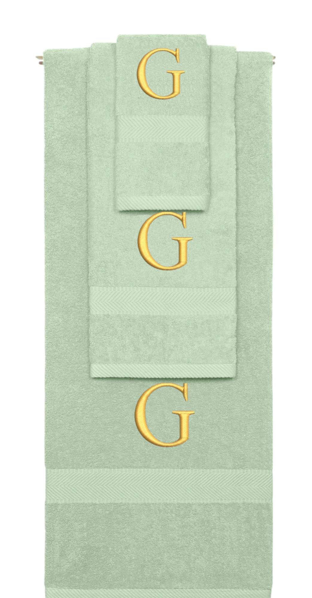 Mint Green monogrammed towel set with Gold thread, Times New Roman font, initial G - 540 GSM cotton 3-piece