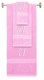 Pink monogrammed towel set with White thread, Chancery font, initial U - 540 GSM cotton 3-piece
