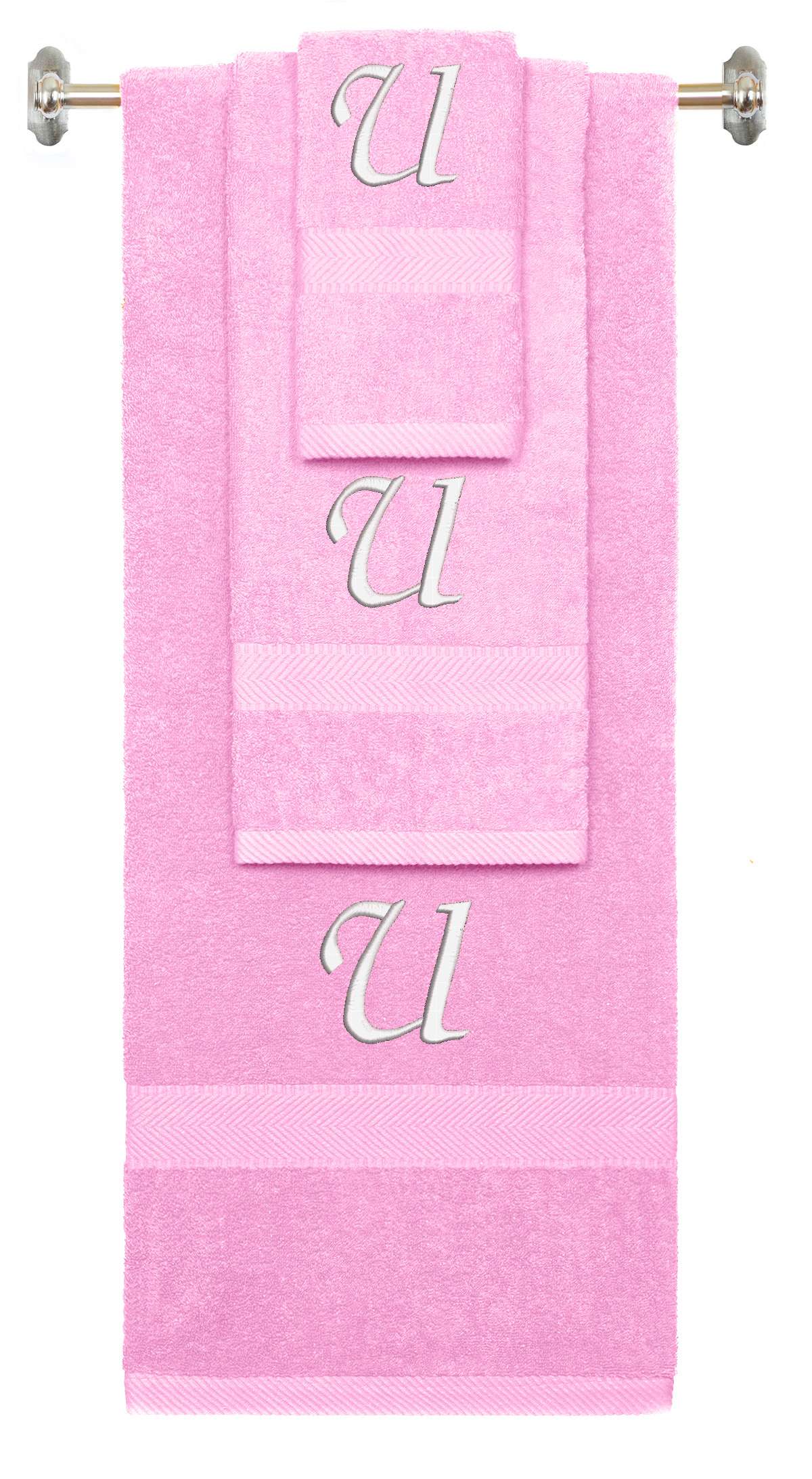 Pink monogrammed towel set with White thread, Chancery font, initial U - 540 GSM cotton 3-piece