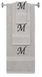 Silver monogrammed towel set with Black thread, Chancery font, initial M - 540 GSM cotton 3-piece