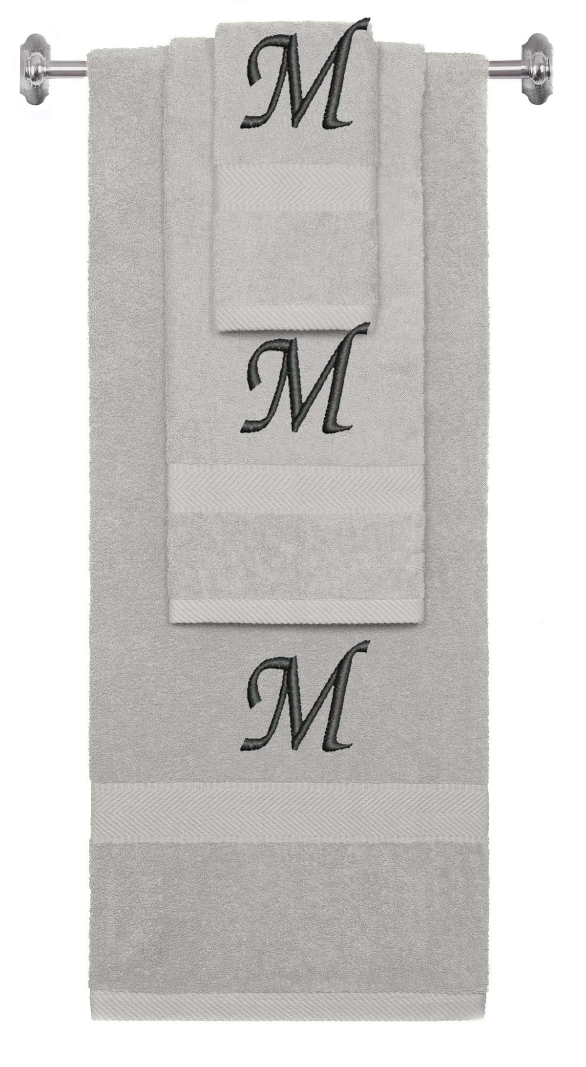 Silver monogrammed towel set with Black thread, Chancery font, initial M - 540 GSM cotton 3-piece